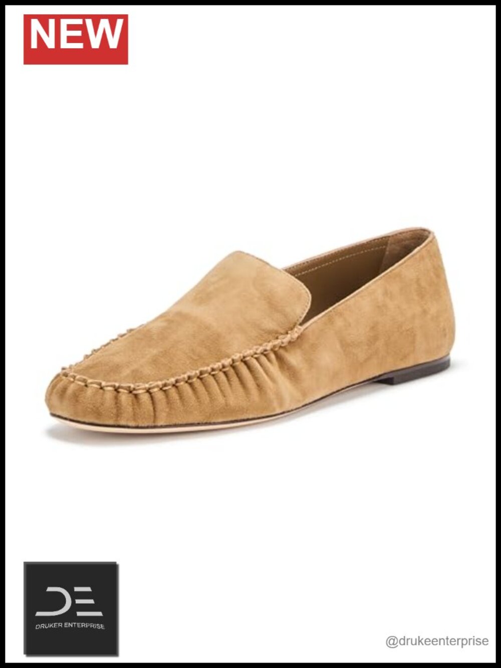 Camel Brown Suede Loafer Flats, Ruched Toe, Leather Stacked Heel, Slip-On